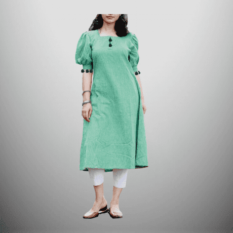 Khadi Mix A-Line Kurti with Blue Tassels-RCK018